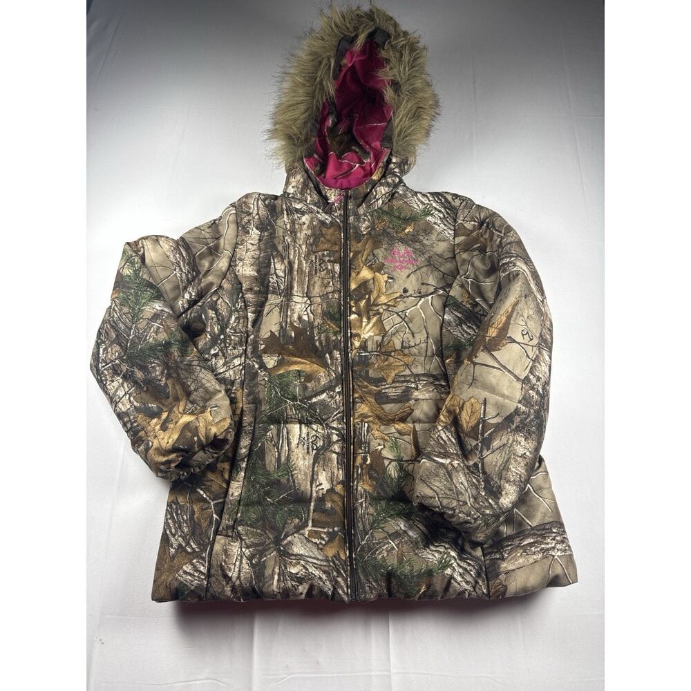 Realtree Camo Jacket Womens XL Pink Lined Hooded Faux Fur Hunting Coat
